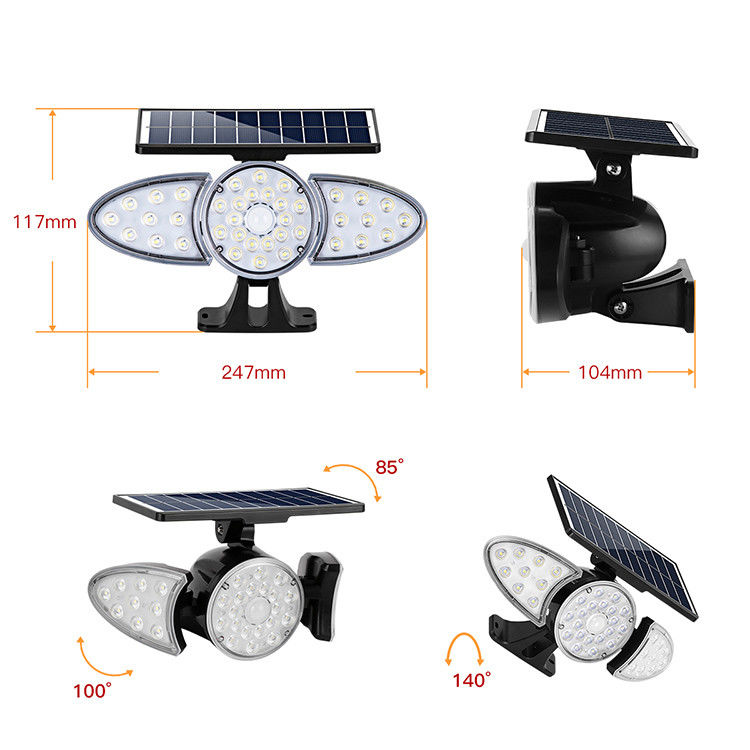 Trois lumière de mur de capteur solaire des têtes 100-400LM 38PCS LED pour la voie