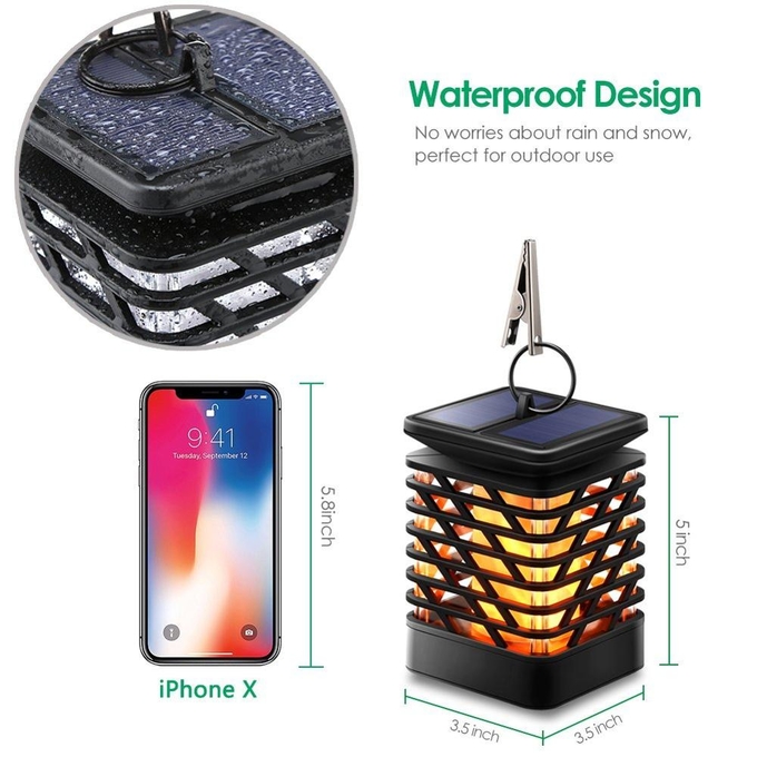 Torche solaire accrochante extérieure s'allumant pour le jardin, lampe solaire imperméable de flammes avec la lumière de clignotement 2 d'effet de flamme
