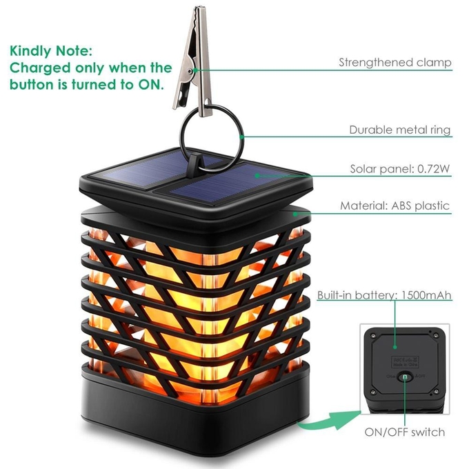 Torche solaire accrochante extérieure s'allumant pour le jardin, lampe solaire imperméable de flammes avec la lumière de clignotement 1 d'effet de flamme