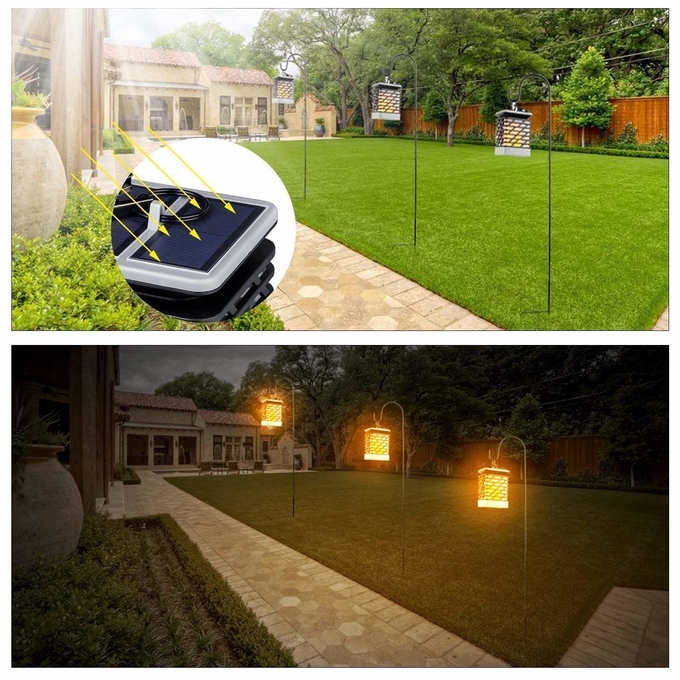 Torche solaire accrochante extérieure s'allumant pour le jardin, lampe solaire imperméable de flammes avec la lumière de clignotement 4 d'effet de flamme