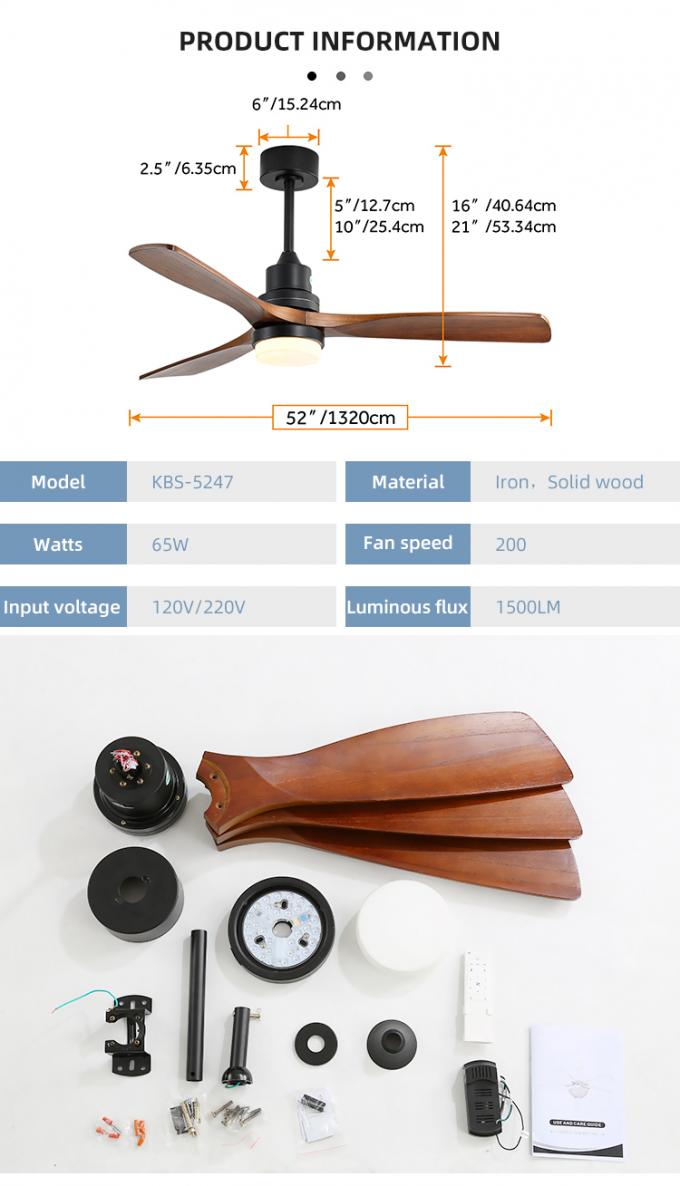 52inch lumière en bois solide électrique décorative moderne des lames LED avec la fan de plafond