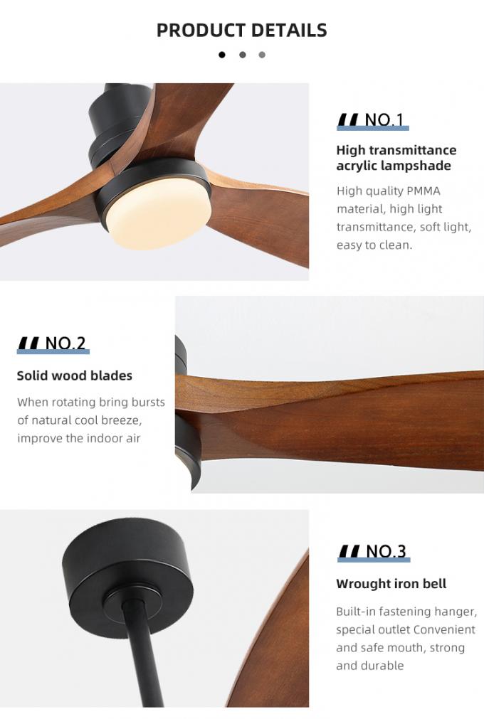 52inch lumière en bois solide électrique décorative moderne des lames LED avec la fan de plafond