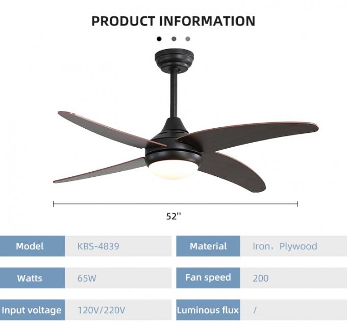 Lumière menée industrielle d'intérieur décorative de fan de plafond de fer de lames économiseuses d'énergie du contreplaqué 52Inch 4